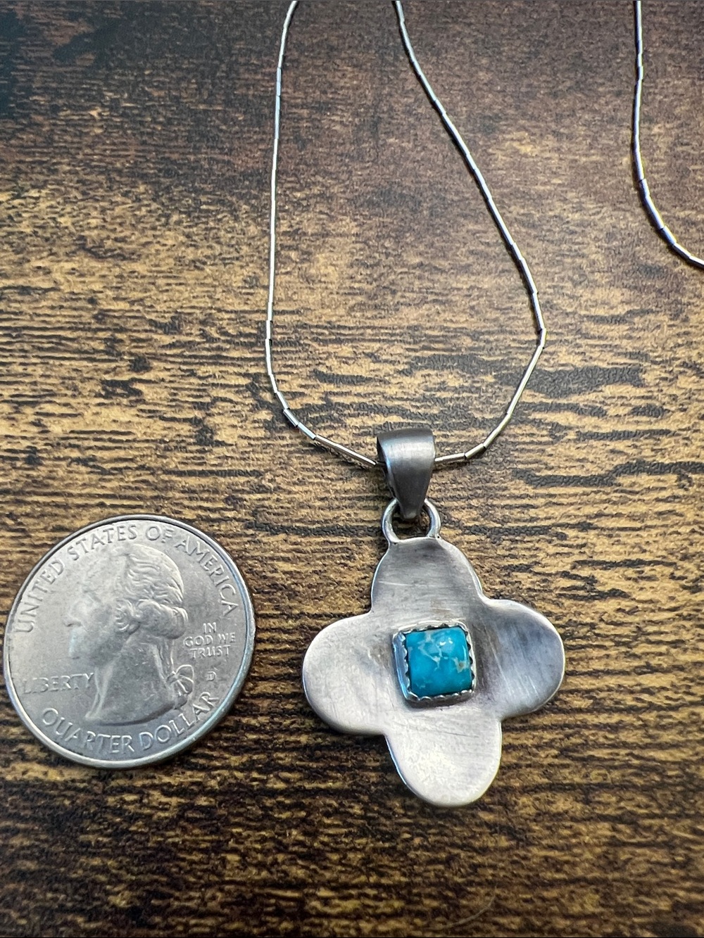 Zuni Sterling Silver Floral Pendant Necklace with Turquoise Stone on 18” chain